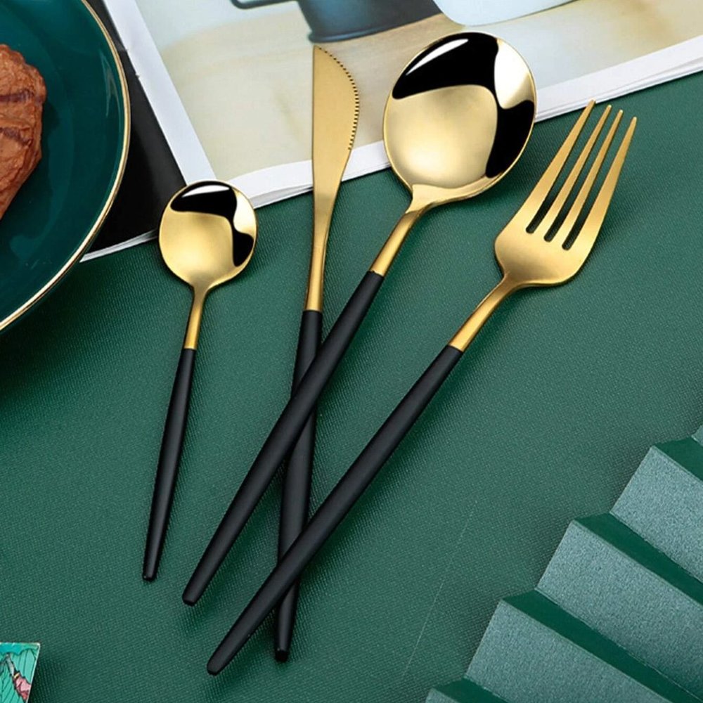 New 24 Piece Stainless Steel Cutlery Set Black Gold - Picture 3 of 7